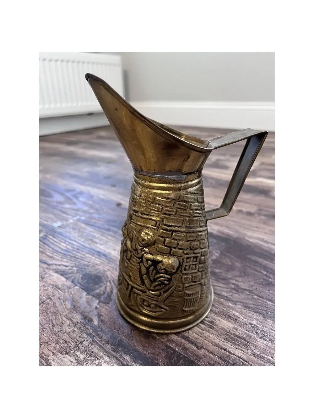 Vintage Made in England Brass-Tone Embossed Pitcher | English Pub Scene Jug